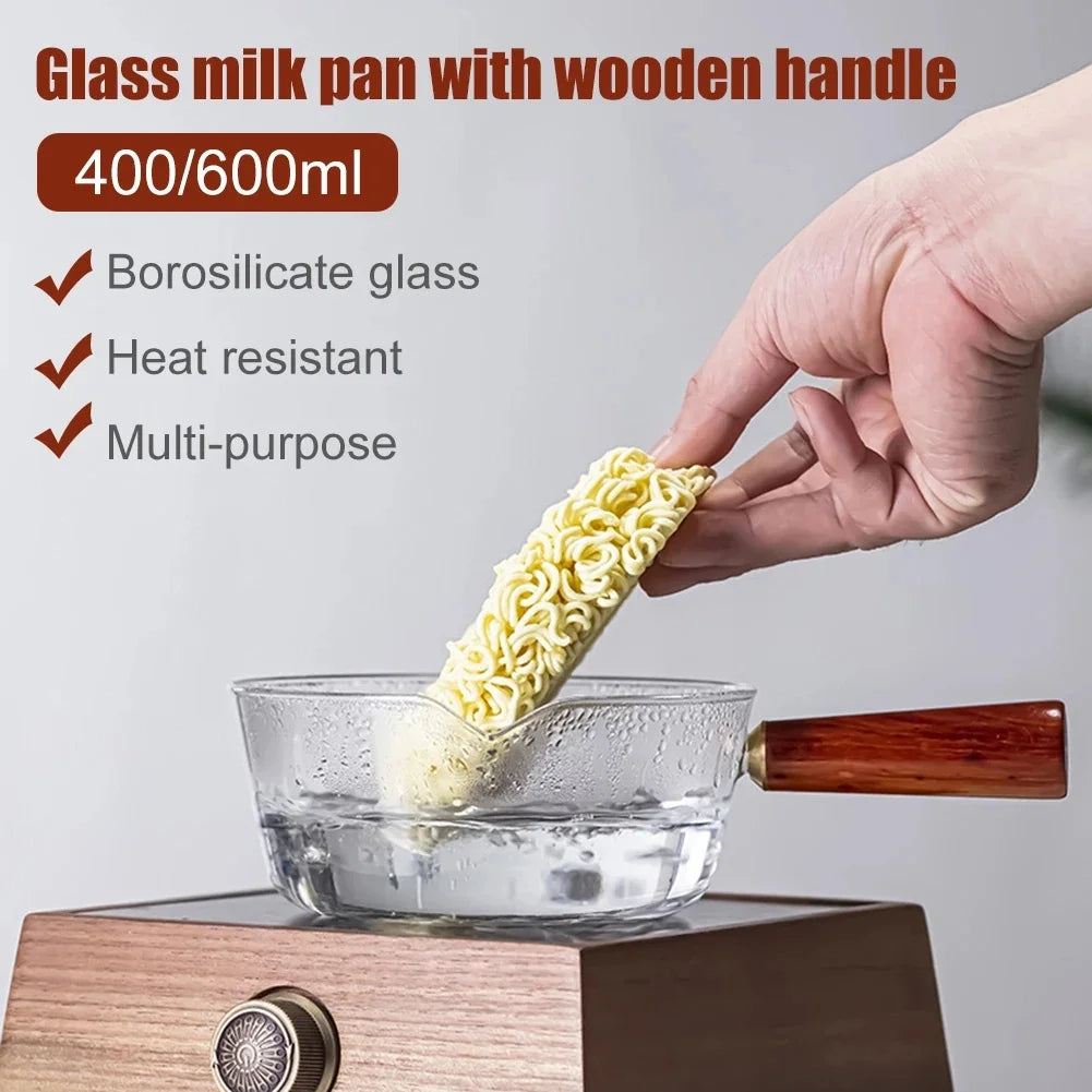 Pot à lait en verre borosilicaté avec poignée en bois