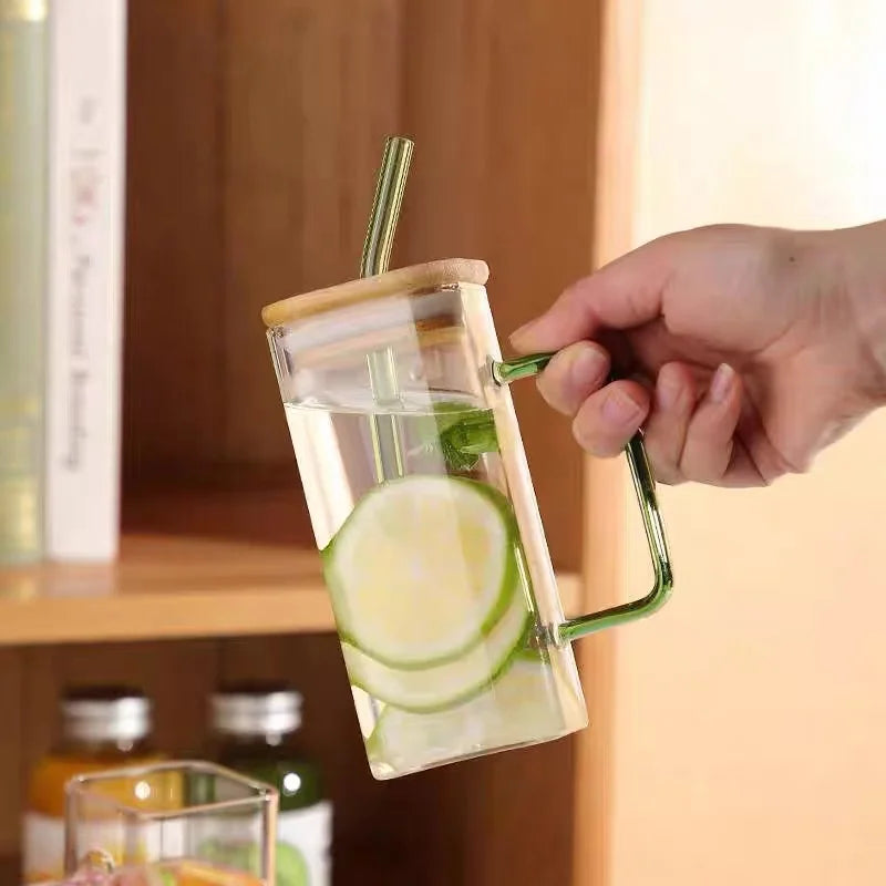 Glass mug with lid and straw